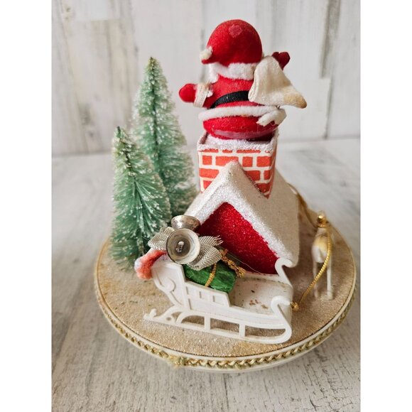 Antique Santa musical rotating house flocked Xmas tree reindeer decor - Picture 4 of 8